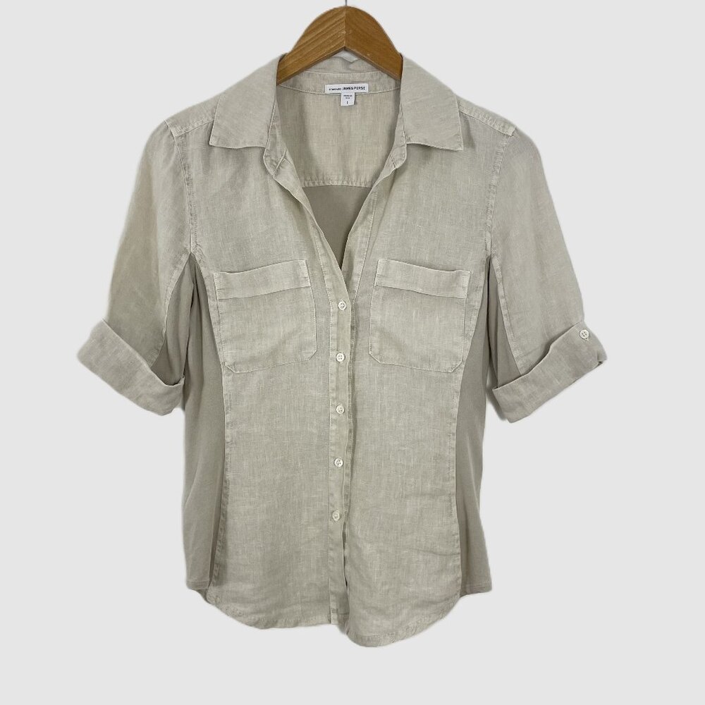 Standard James Perse Rolled Short Sleeve Jersey Linen Shirt